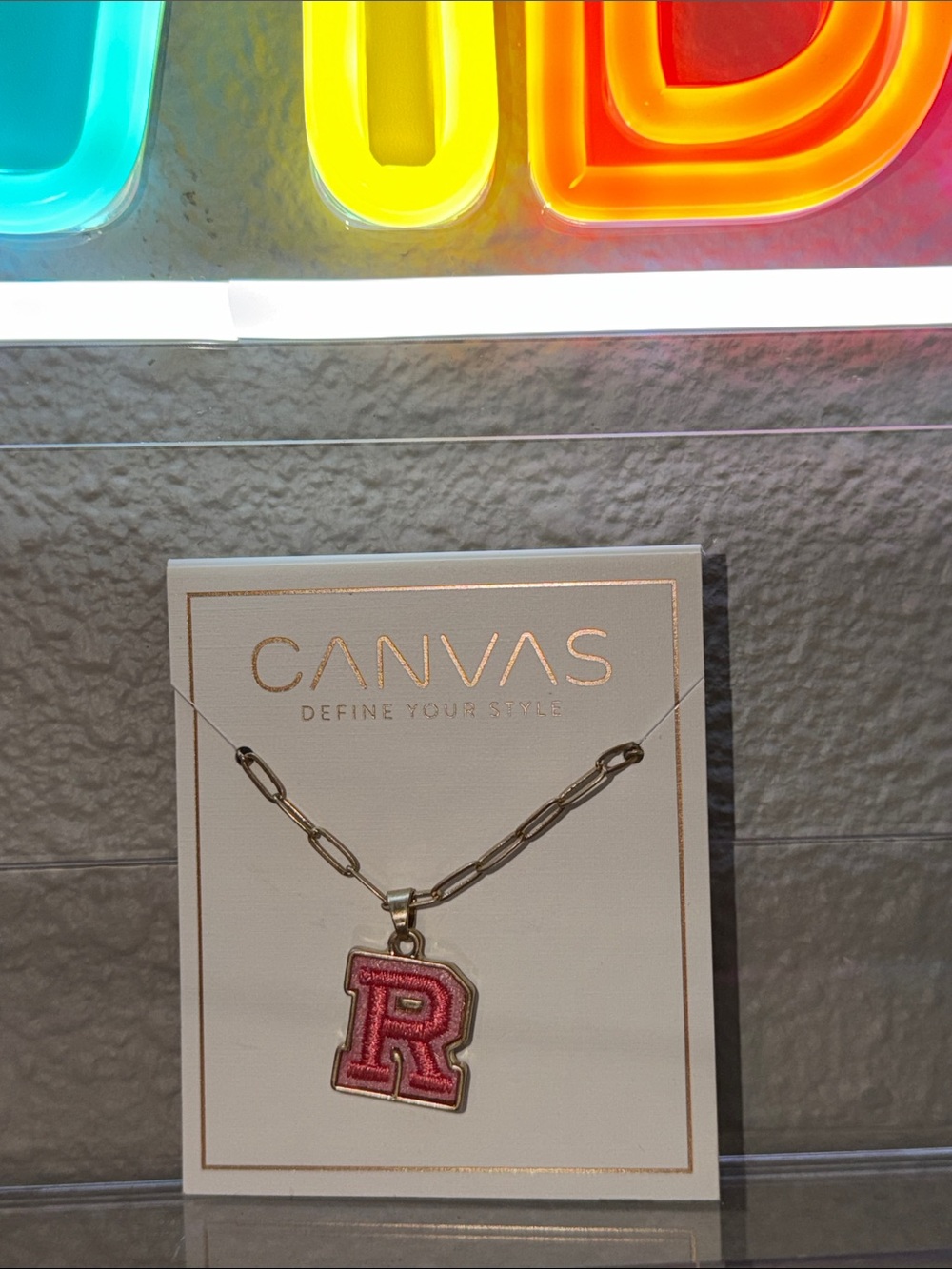 Bella Canvas Gold Chain Necklace with Pink Letter R Pendant